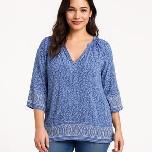 Boho Blue Paisley Print Peasant Tunic Top JNY Jones New York Size 1X